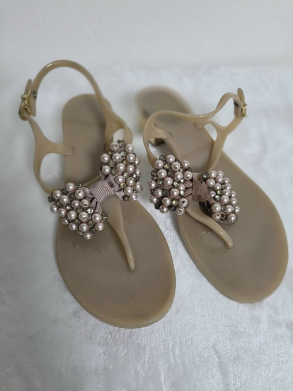 Enzo Angiolini Nude Beige Jelly Pearl Rhinestone Slingback Sandals Women Sz 7